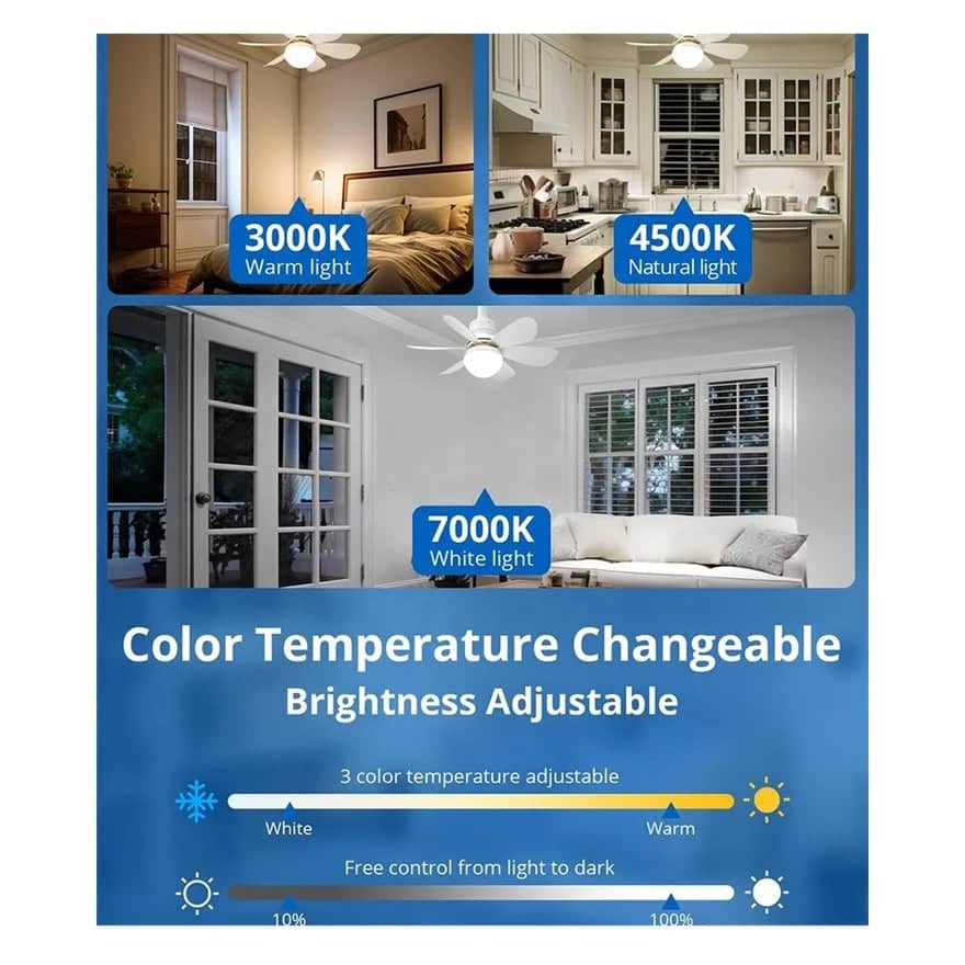 Ventilateur de plafond à LED à gradation intelligente 360 ventilateur rotatif E26 ampoule 3 couleurs ventilateur de plafond avec lumière et télécommande