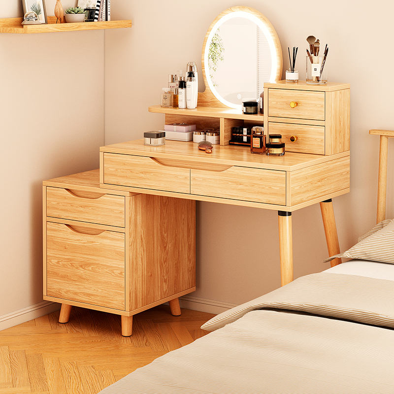 Coiffeuse fonctionnelle en bois de noyer de chêne blanc moderne classique dans la chambre avec tiroirs et miroirs LED